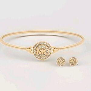 Michael Kors Gold Tone Brass  Logo Bracelet & Earrings  Gift Set NWT $175
